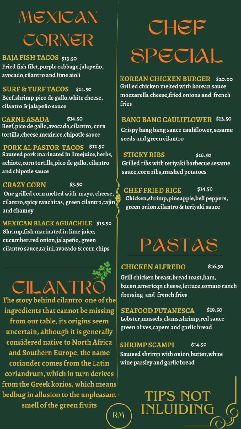 A restaurant menu featuring Mexican, Korean, and Asian-inspired dishes with sections titled "Mexican Corner," "Chef Special," and "Pastas," displayed on a green background with orange and yellow text, likely located in Roatan, Honduras.