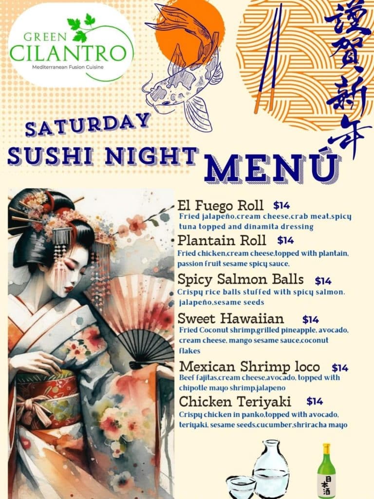 A colorful menu featuring Japanese-inspired dishes for sushi night at a Roatan, Honduras restaurant, with artwork of a geisha wearing a kimono and holding a fan, and traditional Japanese elements including a koi fish illustration, chopsticks, and decorative patterns.