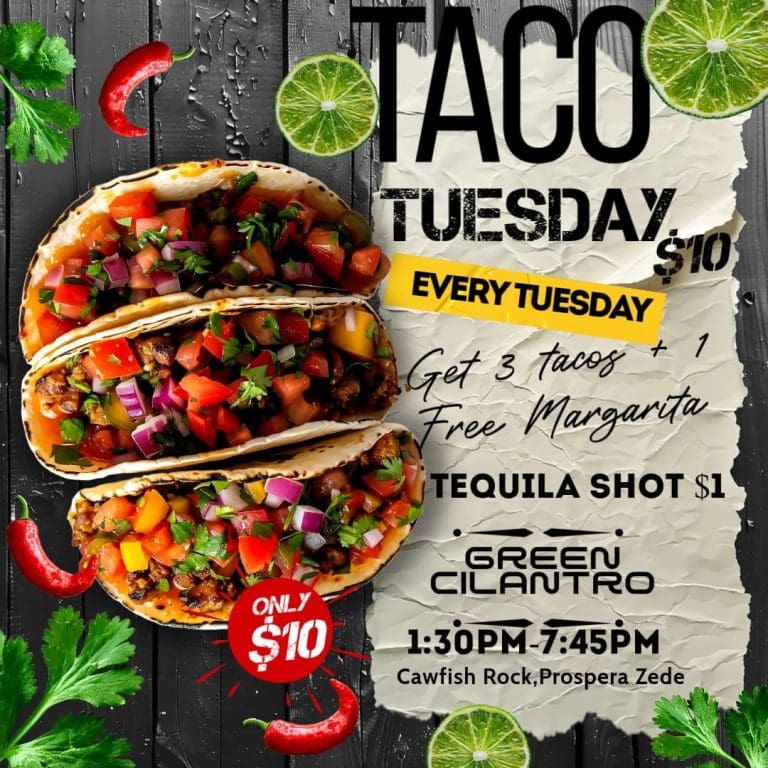 The image shows a promotional flyer for Taco Tuesday in Roatan, Honduras, featuring three tacos filled with meat, diced tomatoes, onions, cilantro, and peppers, surrounded by lime slices, chili peppers, and cilantro on a dark wooden background.