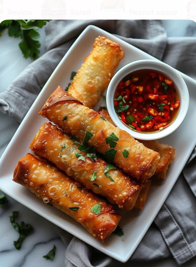 Fried spring rolls garnished with cilantro and served with a dipping sauce containing red chili slices, overlooking a white tray on a gray cloth, in Roatan, Honduras.
