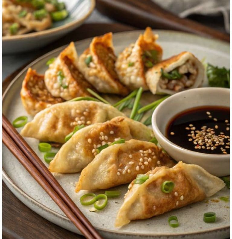 A plate of steamed and fried Japanese-style dumplings, or gyoza and potstickers, garnished with chopped green onions and served with a small bowl of soy sauce with sesame seeds, presented on a ceramic plate in a restaurant setting on Roatan, Honduras.