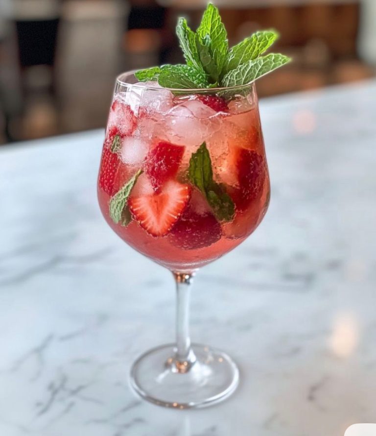 A refreshing strawberry and mint cocktail served in a wine glass with fresh strawberries, mint leaves, and ice, set on a white marble table in Roatan, Honduras.