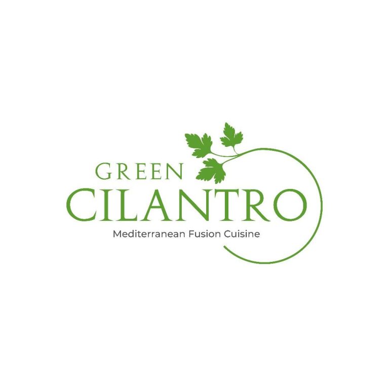 The image displays the logo for Green Cilantro, a Mediterranean fusion restaurant located in Roatan, Honduras, featuring green text and a cilantro leaf graphic surrounding the restaurant name.