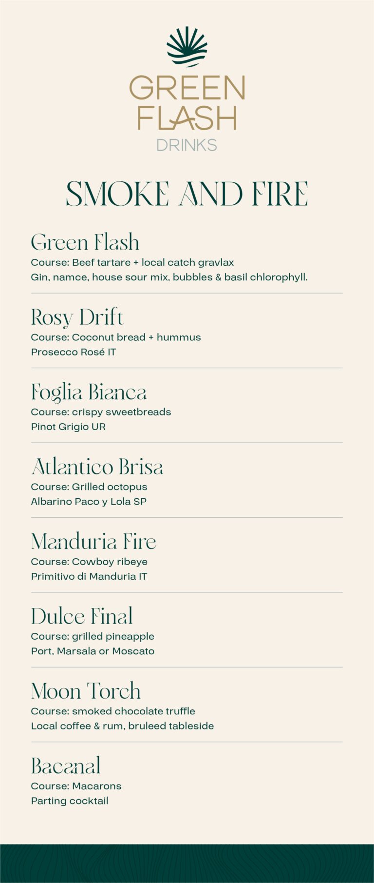 Green Flash Table Smoke and Fire drinks and pairings menu