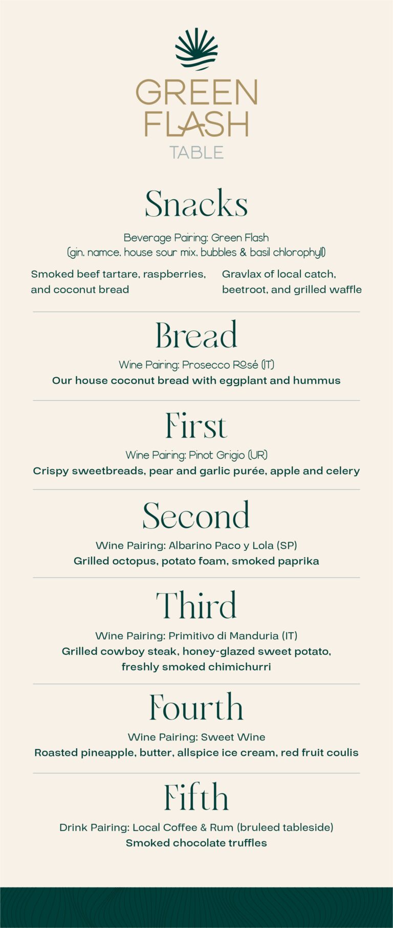Green Flash Table smoke and fire tasting menu