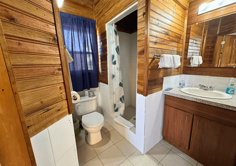 A rustic bathroom in Roatan, Honduras, features wooden paneled walls, a white toilet with a blue curtain window behind it, a small shower with a patterned curtain, a granite countertop with a sink, and towels hanging on the wall.