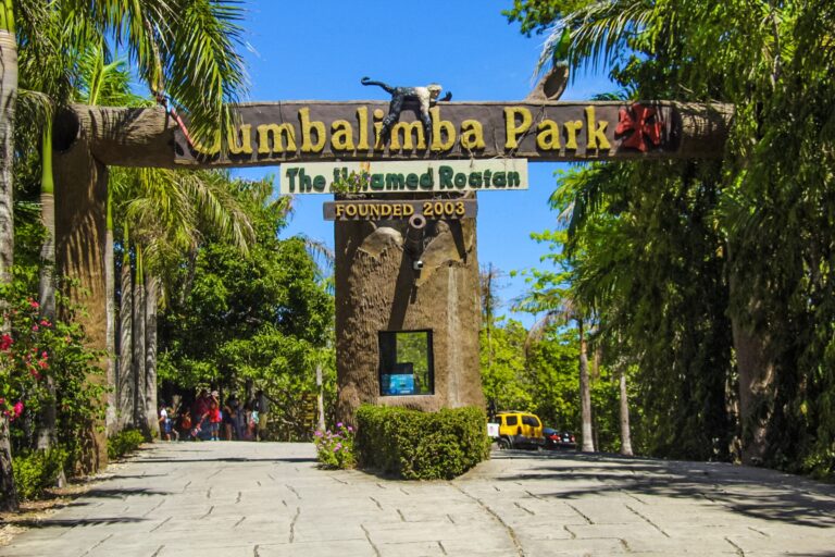 The entrance sign for Gumbalimba Park in Roatan, Honduras, is surrounded by lush tropical foliage and features a black monkey sculpture on top, with visitors walking along a paved pathway beneath tall palm trees.