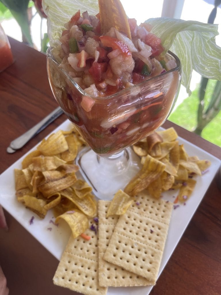 A seafood ceviche served in a glass, garnished with lettuce and plantain chips, with a plate of tortilla chips and crackers on a white rectangular platter, set against a background suggesting a tropical setting in Roatan, Honduras.