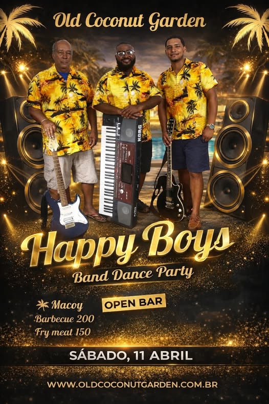 Three men in yellow Hawaiian shirts pose with musical instruments and a keyboard at Old Coconut Garden in Roatan, Honduras, promoting a band dance party event with an open bar, food prices, and date details on a decorative background.