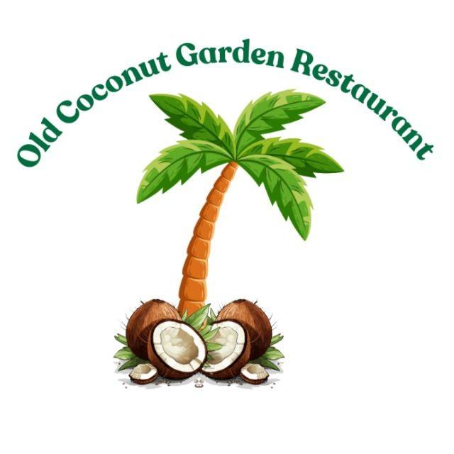 The logo of Old Coconut Garden Restaurant in Roatan, Honduras, features a palm tree with green leaves and a brown trunk growing from a group of coconuts, with the restaurant's name arching above.