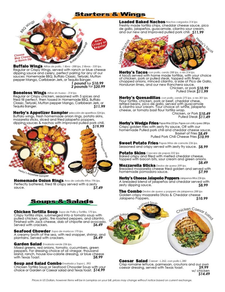 A menu from a restaurant on Roatan, Honduras, featuring various American and Honduran dishes such as loaded nachos, chicken wings, tacos, quesadillas, fried sides, salads, and soups, displayed with colorful images and prices.