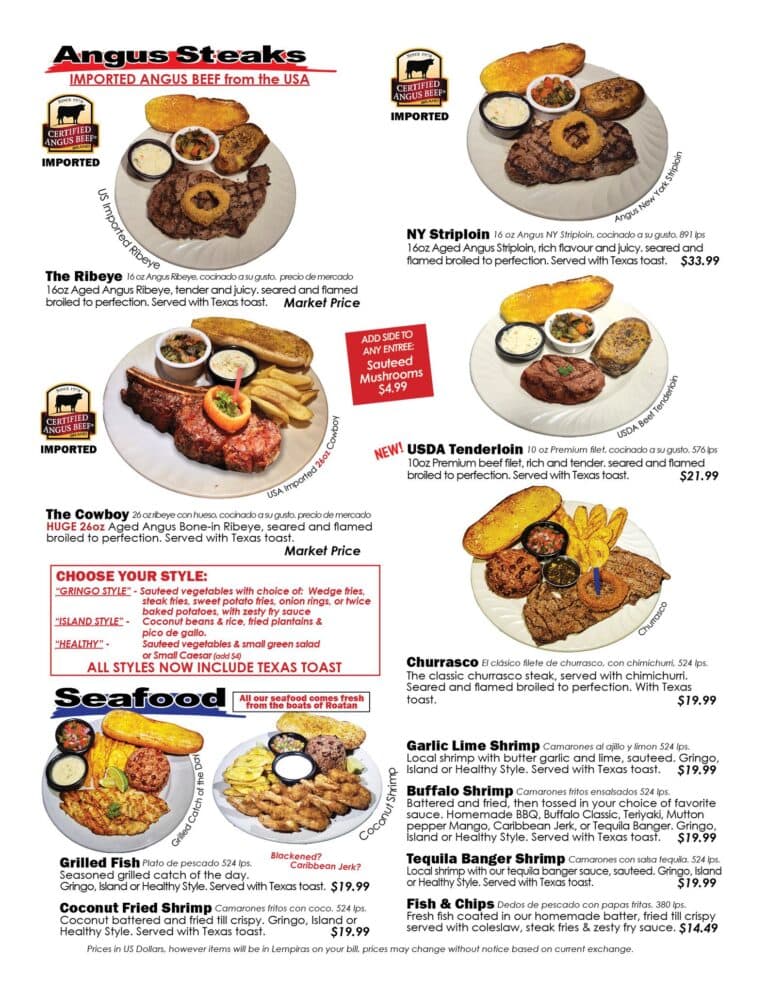 A menu featuring various grilled steaks and seafood dishes, including NY striploin, USDA tenderloin, and filet options, with images of plated meals, condiments, and side dishes on a white background, representing offerings from Roatan, Honduras.