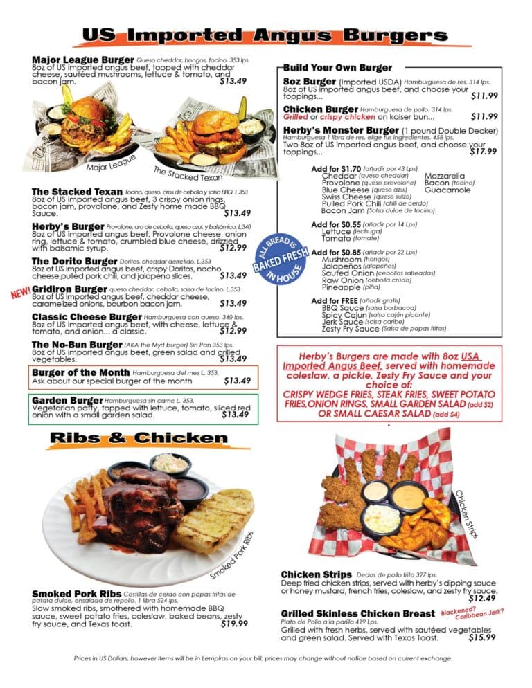 A menu from a restaurant in Roatan, Honduras, featuring various American-style burgers, sandwiches, and ribs, with images of food items and descriptions of ingredients and prices.