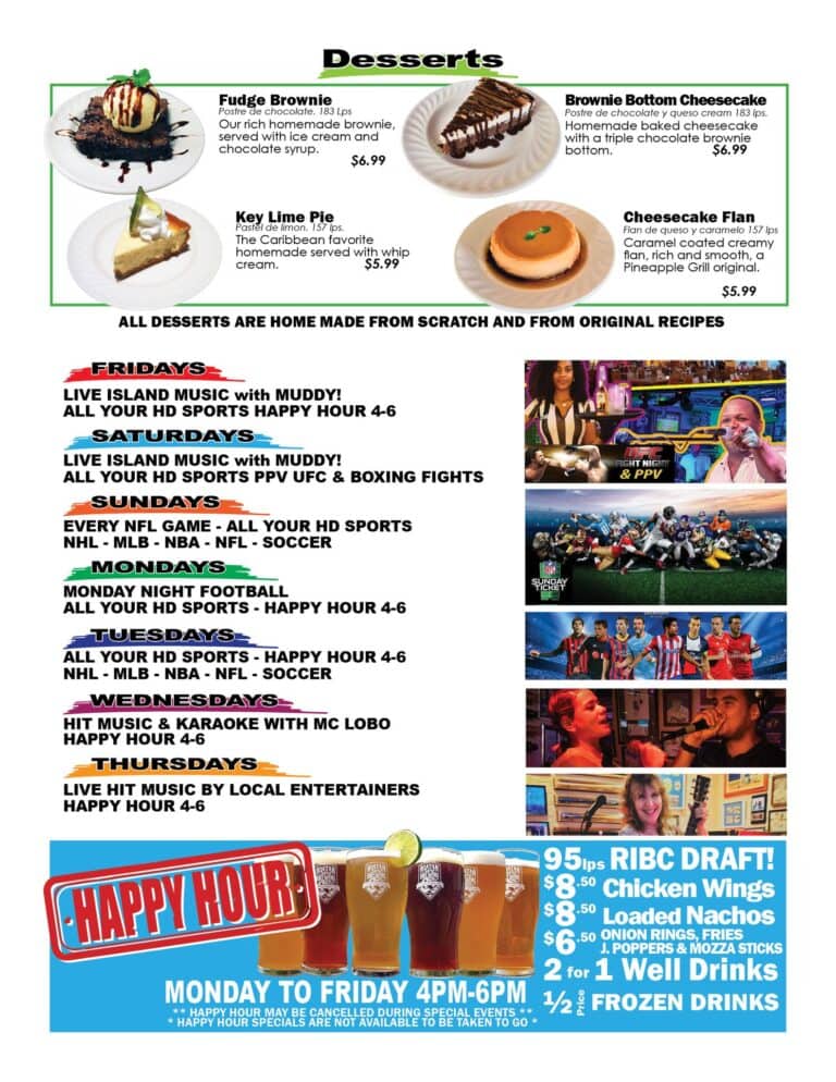 A restaurant or bar offering live music, sports events, and happy hour specials in Roatan, Honduras, with sections promoting different days of live entertainment, food and drink deals, and images of musicians and patrons enjoying the venue.