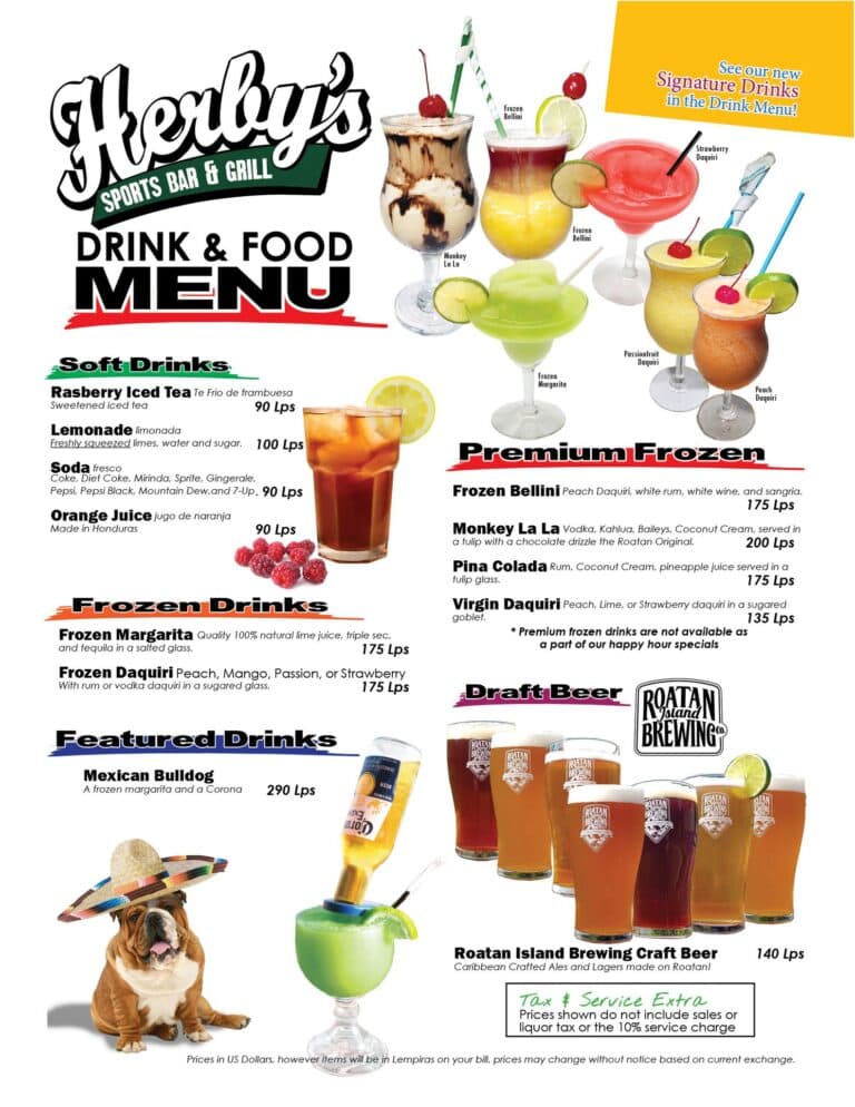 A colorful menu featuring various frozen and signature drinks with images of cocktails topped with fruit garnishes, presented on a backdrop that highlights Roatan, Honduras, as part of a business listing for Herbuy's Sports Bar & Grill on RoatanYP.com.