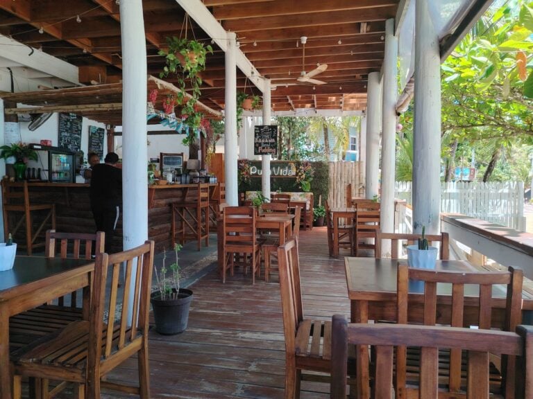 A covered outdoor dining area with wooden tables and chairs, hanging plants, string lights, and lush green trees in Roatan, Honduras, offering a tropical, relaxed ambiance.