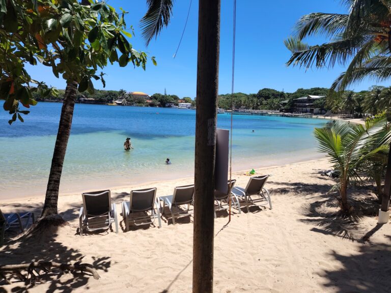 A sandy beach in Roatan, Honduras, with lounge chairs, palm trees, and calm turquoise water, overlooking a shoreline with buildings and boats in the distance.