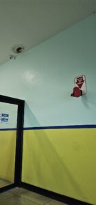 A corner of a building interior in Roatan, Honduras, features a green wall with a yellow stripe, a black-framed door with a restricted area sign, and a red fire alarm with a sign in Spanish above it.