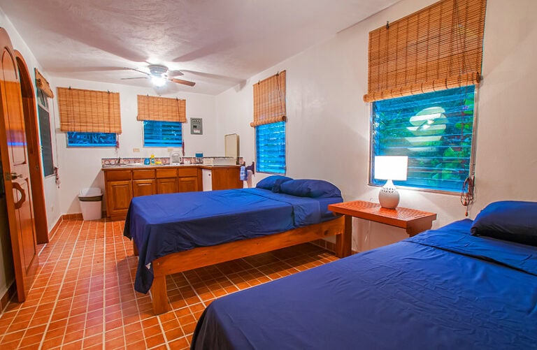 A cozy bedroom in Roatan, Honduras, features two twin beds with blue bedspreads, a wooden nightstand with a lamp, and a window with bamboo blinds overlooking lush greenery outside, with a kitchenette area visible in the background.