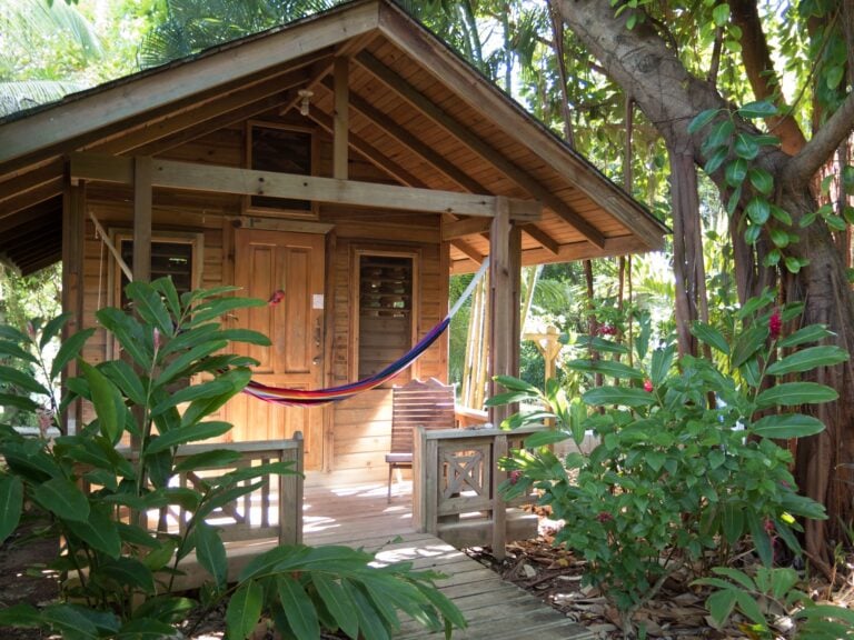 A wooden cabin with a sloped roof and a colorful hammock hanging outside is surrounded by lush green foliage on Roatan, Honduras.