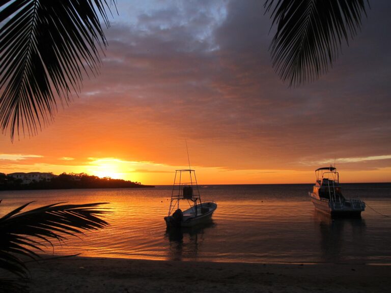 A nighttime scene in Roatan, Honduras, showing boats docked on calm water during a colorful sunset with palm fronds in the foreground.