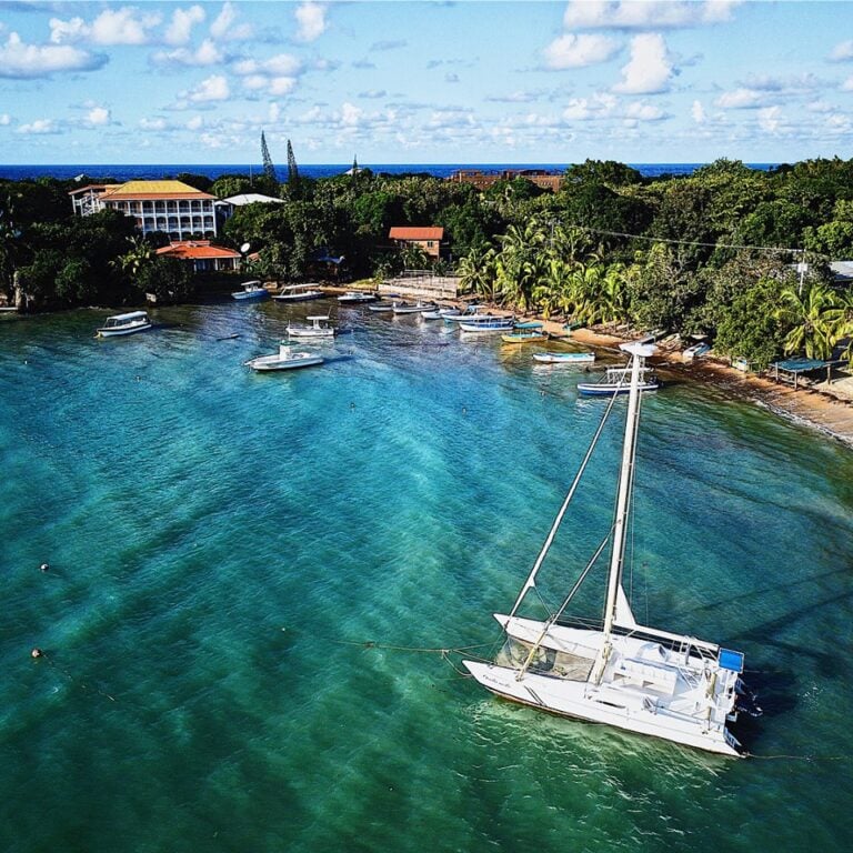 A white sailboat is anchored in the clear blue waters of Roatan, Honduras, near a tropical shoreline with palm trees, beach houses, and several other boats docked along the beach.