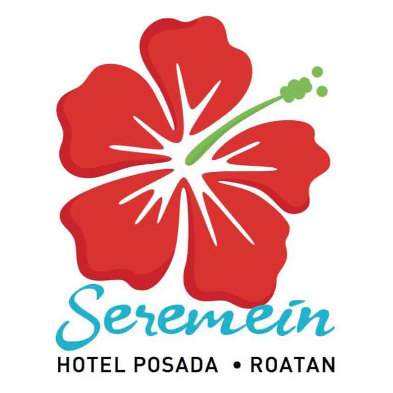 A colorful logo featuring a red hibiscus flower with a green pistil, accompanied by the text "Seremein Hotel Posada Roatan" in blue and black, representing a hospitality business on Roatan, Honduras.