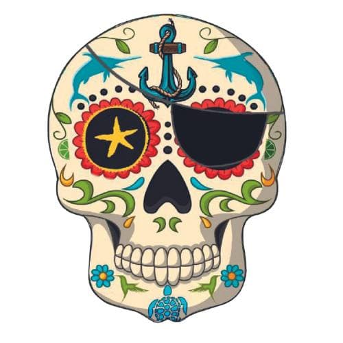 A colorful sugar skull decorated with flowers, an anchor, a wine glass, and marine motifs, representing festive art typical of Roatan, Honduras.