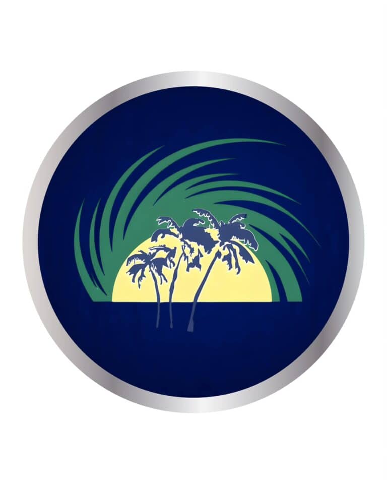 A stylized graphic featuring a black and white palm tree against a yellow circle with a blue background, surrounded by swirling green lines representing waves, symbolizing Roatan in Honduras.