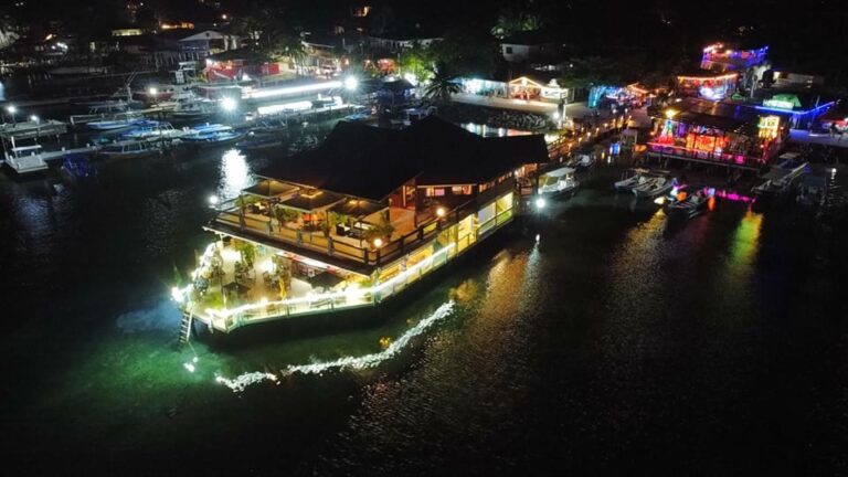 Night view of Ipanema Beach Bar and Grill illuminated on Roatan island.