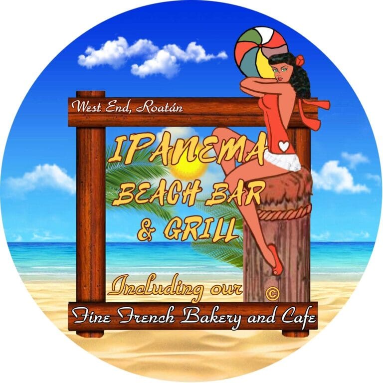 A vibrant sign featuring a woman with a beach ball at Ipanema Beach Bar & Grill, Roatan.