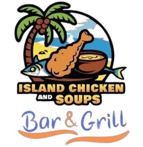 Logo for Island Chicken and Soups Bar & Grill featuring a palm tree, a chicken drumstick, a fish, and a bowl of soup set against a beach scene in Roatan, Honduras.