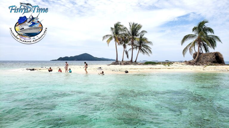A group of people swimming and relaxing on a sandy beach with palm trees and a thatched hut on Roatan, Honduras, under a partly cloudy sky.