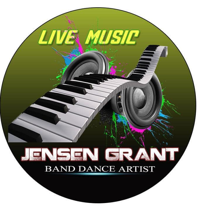 A promotional graphic for Jenson Grant, a band dance artist in Roatan, Honduras, featuring a stylized keyboard that curves around two large speakers with colorful paint splatters and the text "LIVE MUSIC" at the top and "Jenson Grant Band Dance Artist" at the bottom.