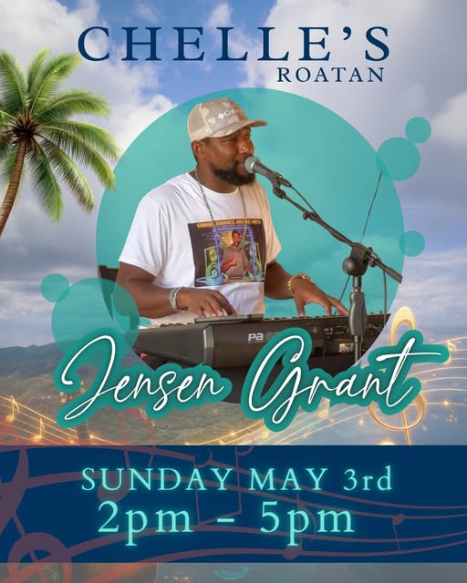 A male musician performing with a keyboard at Chelle's Roatan in a tropical setting in Roatan, Honduras, with palm trees and a blue sky in the background.