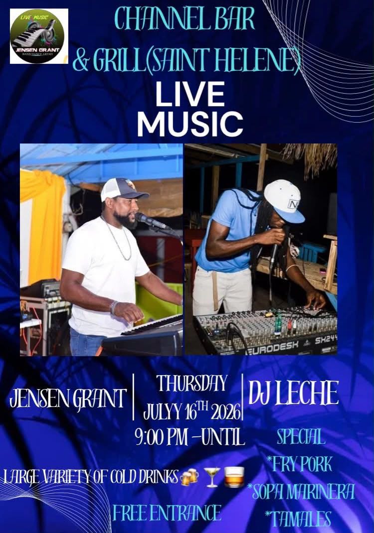 Two musicians performing live at the Channel Bar & Grill in Saint Helene, Roatan Honduras, with one playing keyboard and the other DJing with a mixing console under a thatched roof structure.