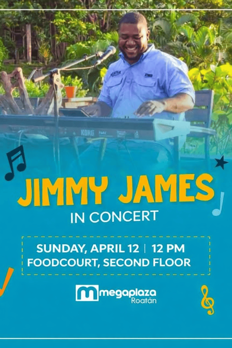 A man wearing a light blue shirt performs music on a keyboard outdoors surrounded by lush green foliage in Roatan, Honduras, promoting a Jimmy James concert at Megaplaza Roatan.