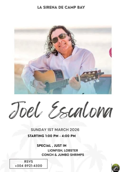 A promotional flyer for a Joel Esalona musical performance at La Sirena de Camp Bay in Roatan, Honduras, showing a man with curly hair and sunglasses playing an acoustic guitar on a beach with the ocean in the background.