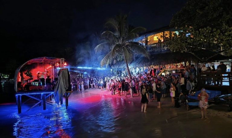 A lively nighttime scene on Roatan, Honduras, featuring a crowded outdoor beach party with a wooden stage, colorful lighting, a large palm tree, and a two-story beachfront building with people dancing and socializing under the dark sky.