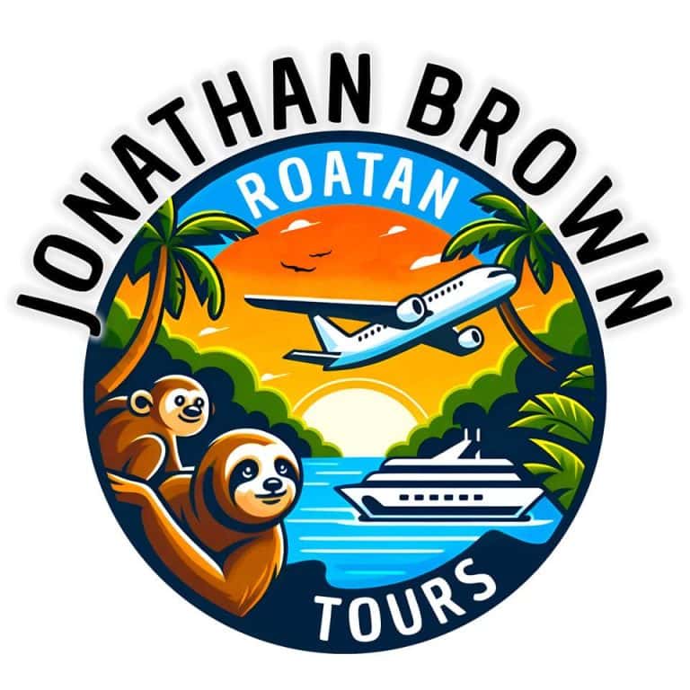 A colorful circular logo for Jonahathan Brown Tours on Roatan, Honduras features a sunset over the ocean with palm trees, a plane flying overhead, a cruise ship, and two happy monkeys, highlighting tour services in Roatan.