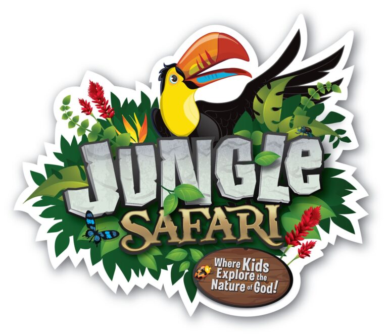 A colorful logo for Jungle BADI Safari featuring a toucan surrounded by tropical leaves and red flowers, with a tagline promoting exploring the natural beauty of Roatan, Honduras.