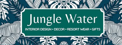 Jungle Water interior design and resort wear gift shop on Roatan in the Bay Islands of Honduras, featuring tropical leaf patterns and vibrant decor.