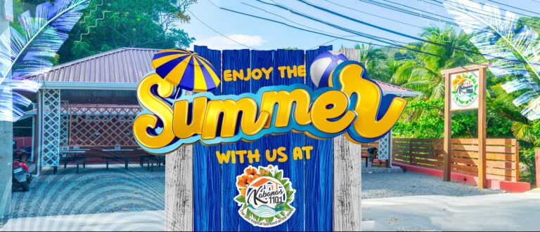 A colorful sign promoting summer fun at a tropical eatery on Roatan, Honduras, features a large "Enjoy the Summer with Us" message, beach balls, a yellow and blue umbrella, and the logo of Kábanas 1101 surrounded by tropical flowers and foliage.