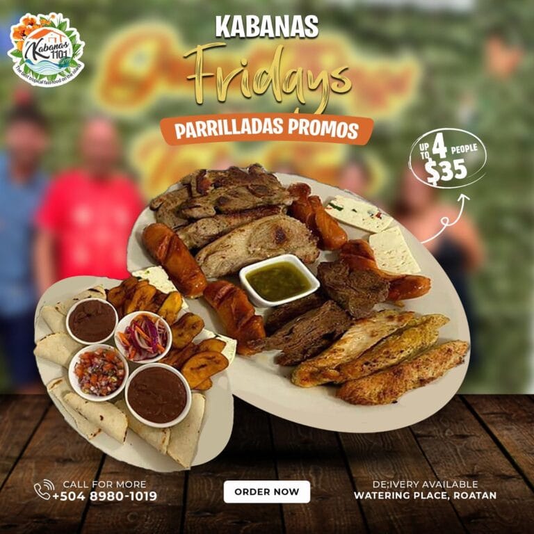 A promotional image for a Roatan, Honduras restaurant features two large plates of traditional Caribbean food, including grilled meats, plantains, and various sauces, with a colorful blurred background of people and tropical scenery.