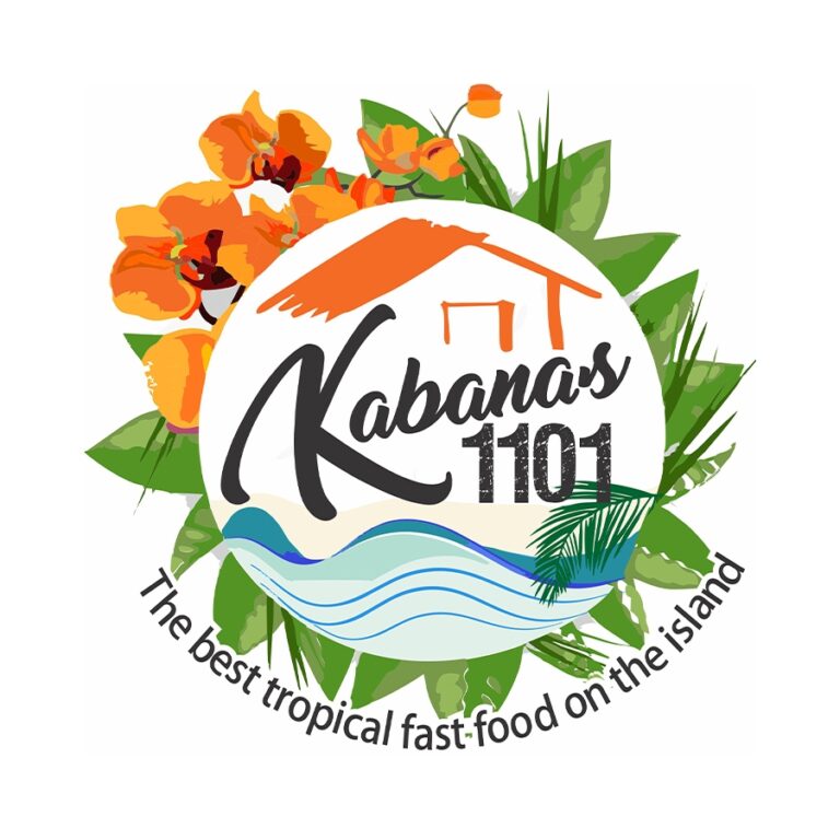The logo for Kabana’s 110, a tropical fast-food business on Roatan, Honduras, features a stylized house with a thatched roof, surrounded by orange flowers, green leaves, and a wave design at the bottom, with the tagline "The best tropical fast-food on the island" encircling it.