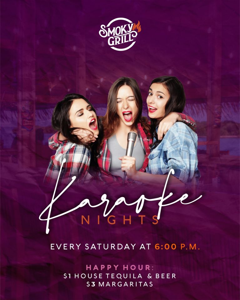 A vibrant promotional poster for Karaoke Nights in Roatan, Honduras, featuring three women singing with a microphone and a colorful background with the event details and happy hour specials.