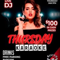 A woman with dark, wavy hair holding a microphone in front of a red and black poster advertising Thursday karaoke events with $100 cash prizes, drinks, free parking, and a live DJ in Roatan, Honduras.