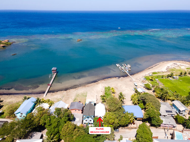 Aerial view of Kline Beach House located on a sandy beach along Roatan's coastline in Honduras, with boats docked at a pier and colorful residential buildings surrounded by lush green trees.