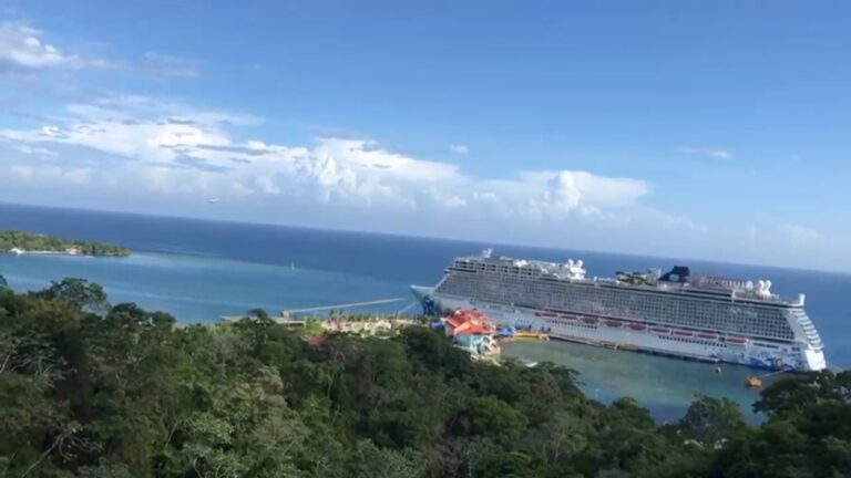 A large cruise ship is docked near a lush green coastline on Roatan in Honduras, with the Caribbean Sea, blue sky, and scattered clouds visible in the background.