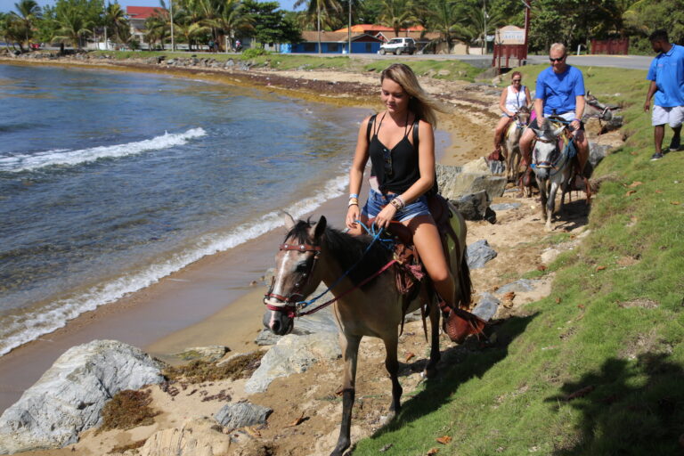 A group of people, including a woman riding a horse, are walking along the rocky shoreline of Roatan, Honduras, with palm trees, colorful buildings, and parked cars visible in the background.